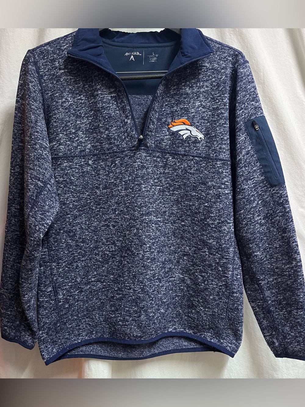 Denver Broncos Embroidered Antigua Jacket Men's LG 1/4 Zip Pullover Navy Pocket